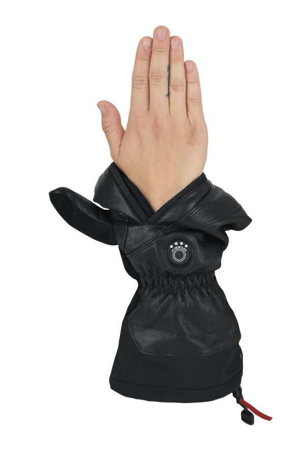 Image of heattouch hellfire magne mitt with bare hand extending from magnetic opening in glove with full hand exposed and mitt tucked down around wrist