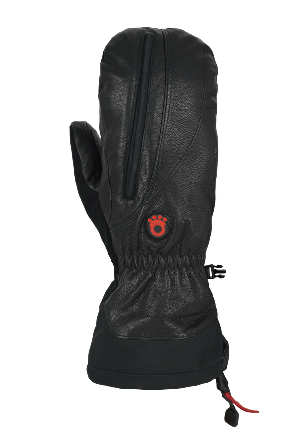 Image of back of hand of heattouch hellfire magne mitt in black with button illuminated red