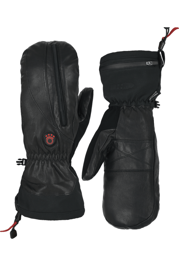 Image of two side by side heattouch hellfire magne mitts in black with mitt on left showing back of hand with button illuminated red and mitt on right upside down showing palm side of mitt