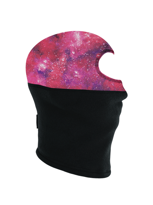 Side profile image of Jr Thick n Thin Headliner in pink and purple cosmic space print on top half with black material on bottom half