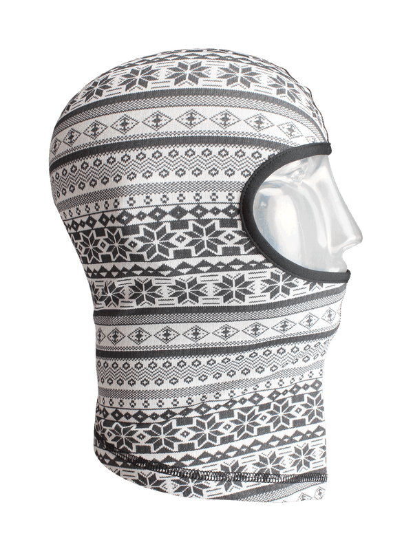 Side profile image of Dynamax Balaclava in black and white snowflake chalet print