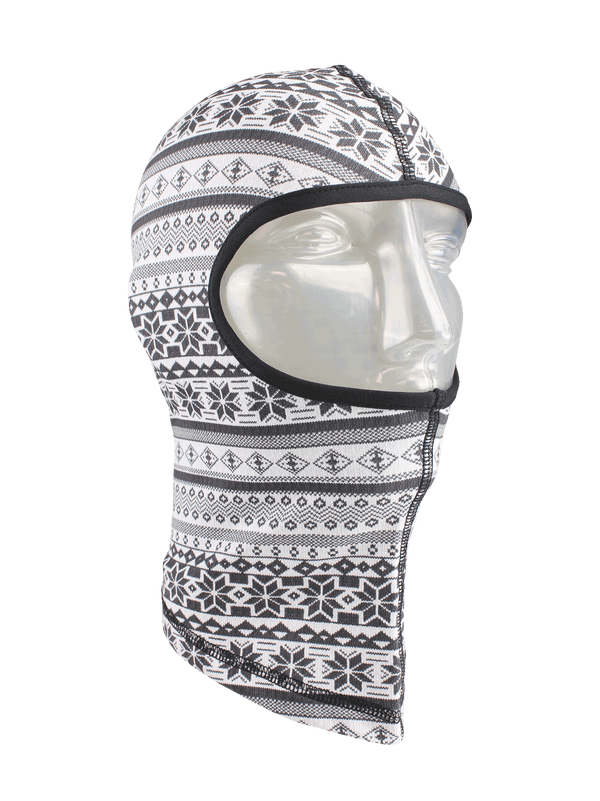 Right angle image of Dynamax Balaclava in black and white snowflake chalet print