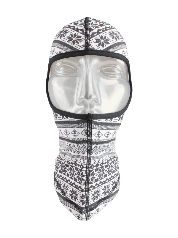 Front facing shot of Dynamax Balaclava in black and white snowflake chalet print