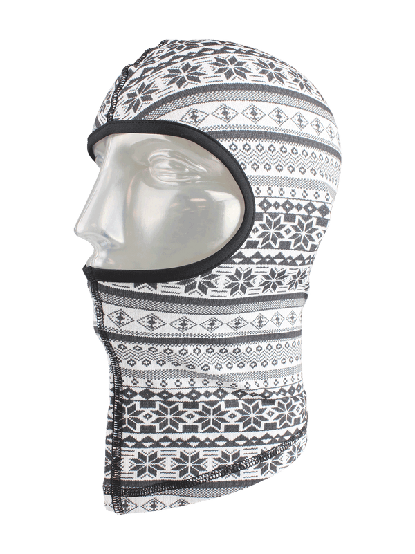 Left angle shot of Dynamax Balaclava in black and white snowflake chalet print