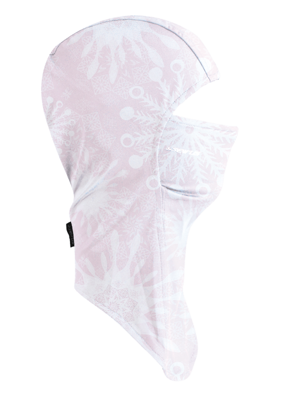 Side profile image of Seirus Dynamax Hinged Headliner in light pink and white snowflake print