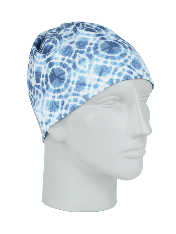 Right corner shot of Litewave50 Adventure Cap in blue and white pattern on mannequin head