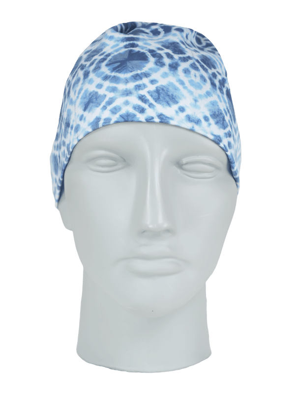 Front view of Litewave50 Adventure Cap in blue and white pattern on mannequin head