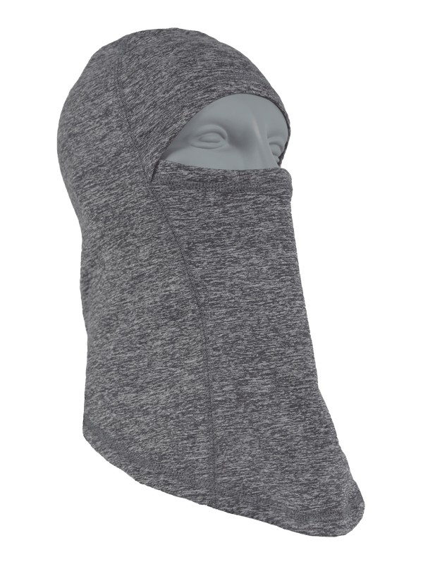 Right corner shot of Comfort Balaclava in heather grey on mannequin head