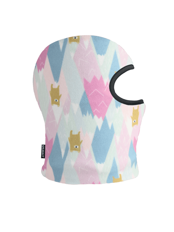 Side view of Toddler Balaclava in a print featuring bears with blue and pink shapes