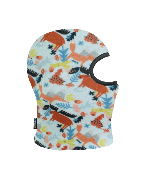 Side view of Toddler Balaclava in a colorful print featuring moose, foxes, rabbits and trees