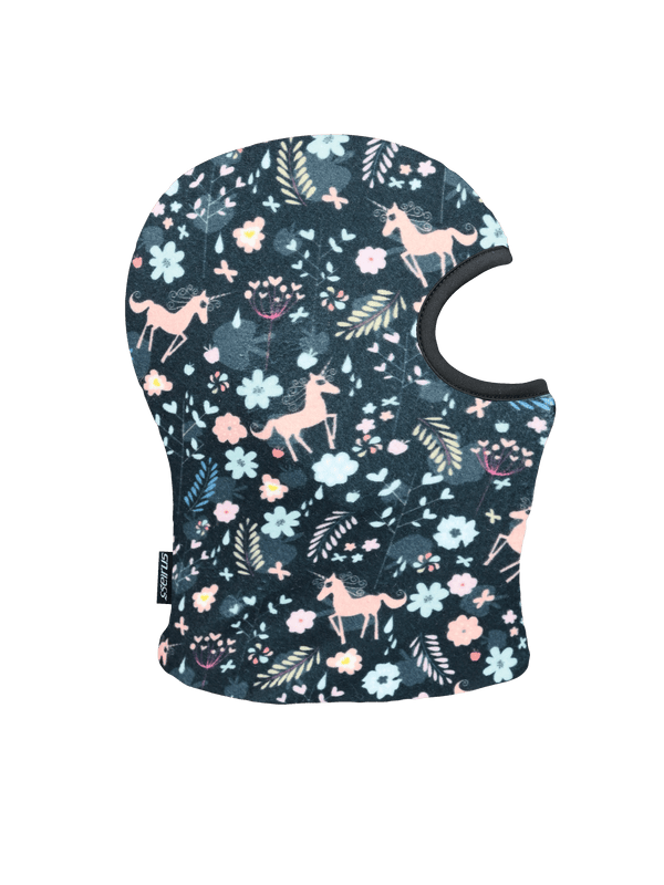 Side view of Toddler Balaclava in a unicorn and floral print