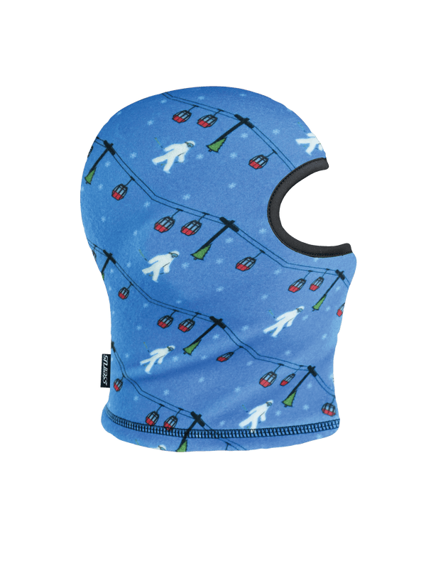 Side view of Toddler Balaclava in a blue print featuring yetis and ski lifts 