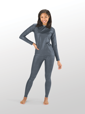 women standing with her hand on hip wearing womens grey reflective base layer top and bottoms