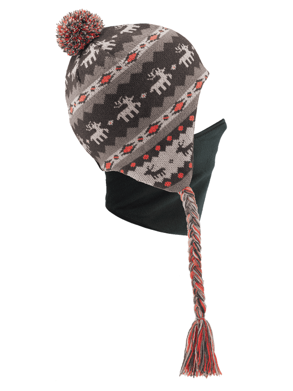 Side view of Junior Quick Clava Antler with Black Clava attached to drop ear beanie with brown and orange pattern featuring deer