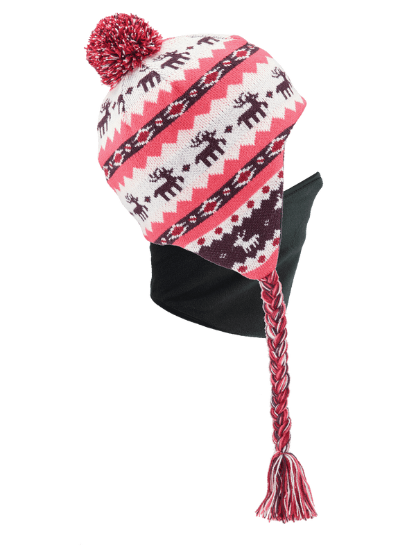 Side view of Junior Quick Clava Antler with Black Clava attached to drop ear beanie with pink and purple pattern featuring deer