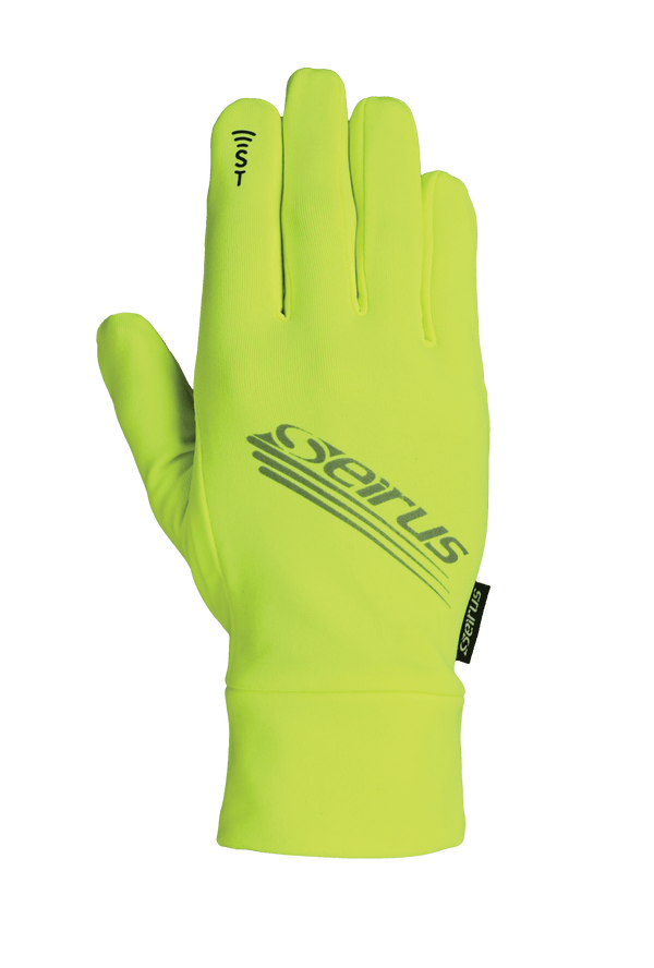 Front side product image of glove liner in hi vis yellow with Seirus written on back of hand