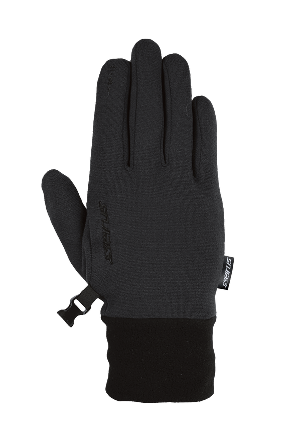 Front side product image of merino glove liner inblack with Seirus logo written on back of hand