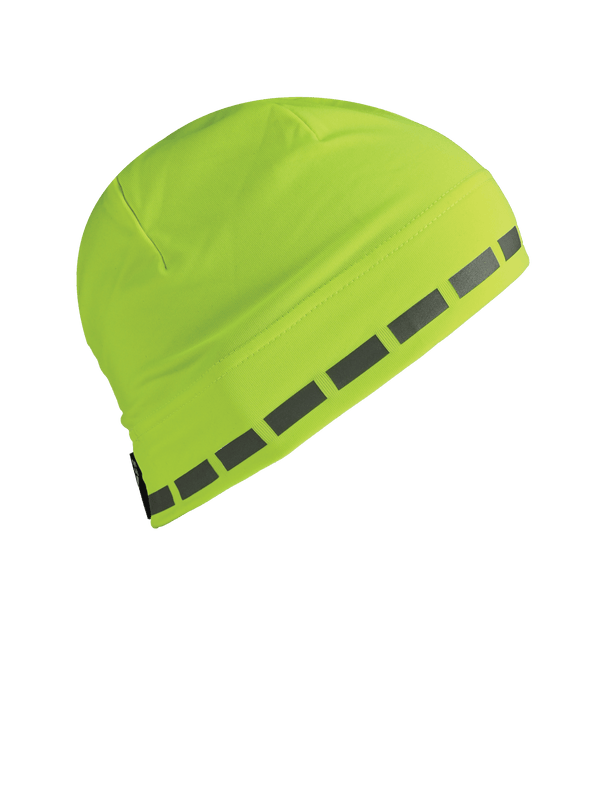 Side view of Dynamax Skull Cap in Hi Vis Yellow with reflective rectangles along edge of beanie 