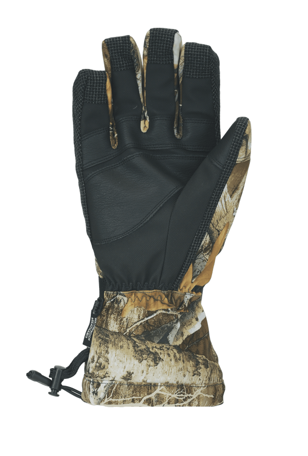 Palm of Yukon Glove in with black palm and realtree edge camouflage print around wrist and around back of hand 