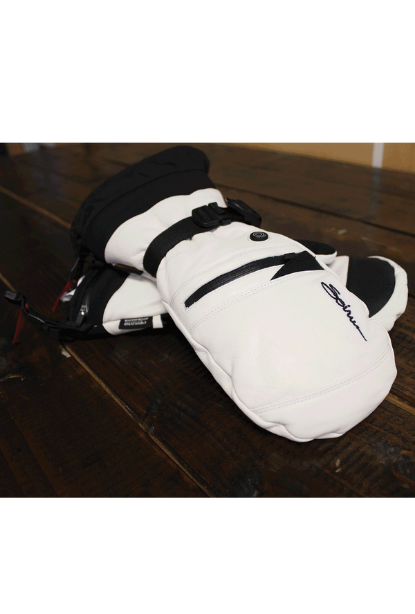 Image of two stacked heattouch hellfire mitts in white on wooden table