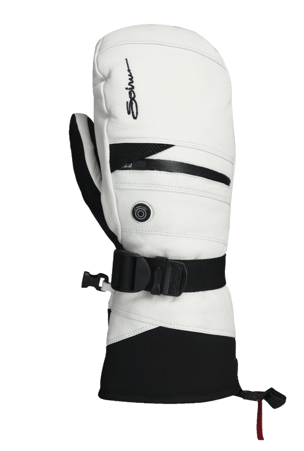 Image of back of hand of heattouch hellfire mitt in white with black accents. button shown turned off and unlit