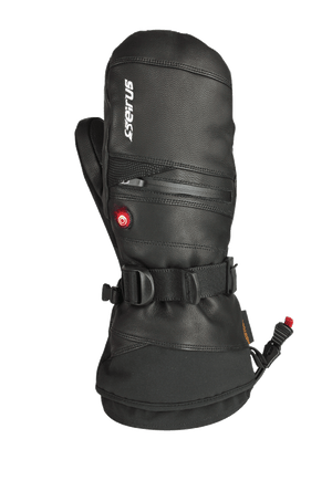 Image of back of hand of heattouch hellfire mitt in black with button illuminated red