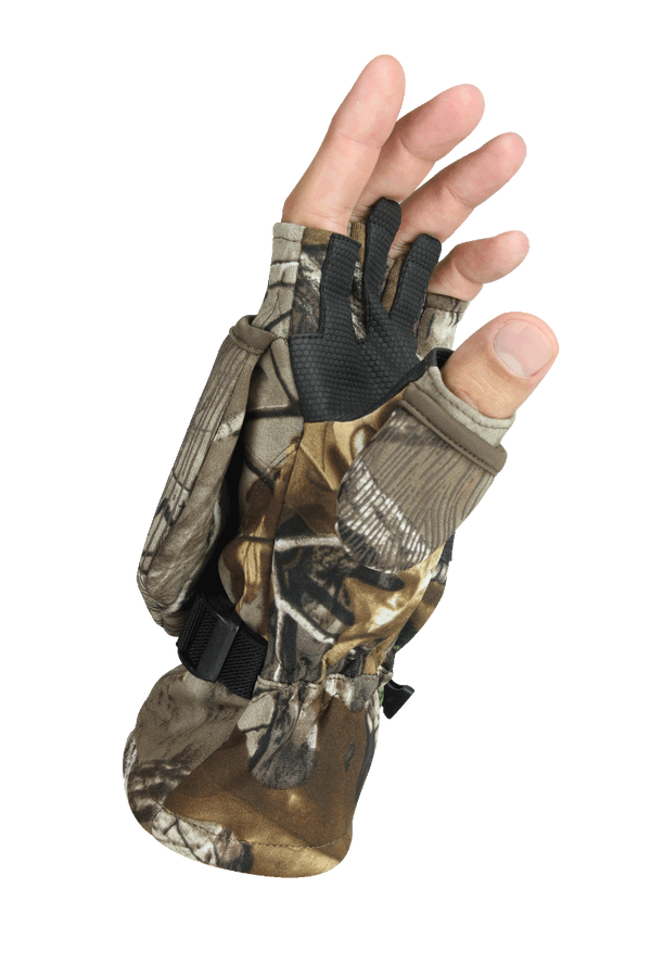 Single Glomitt left hand side view with mitt down in RealTree Xtra color way