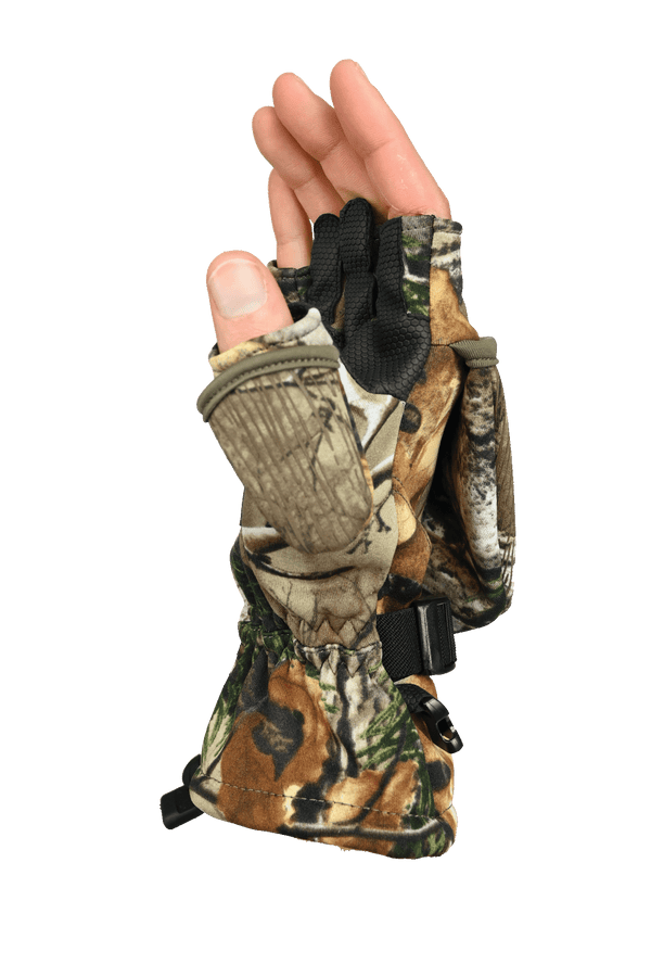 Single Glomitt right hand side view with mitt down in RealTree Xtra color way