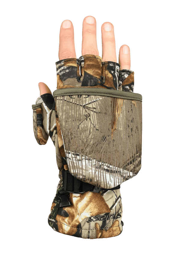 Single Glomitt back of hand with fingers shown and mitt down in RealTree Xtra color way